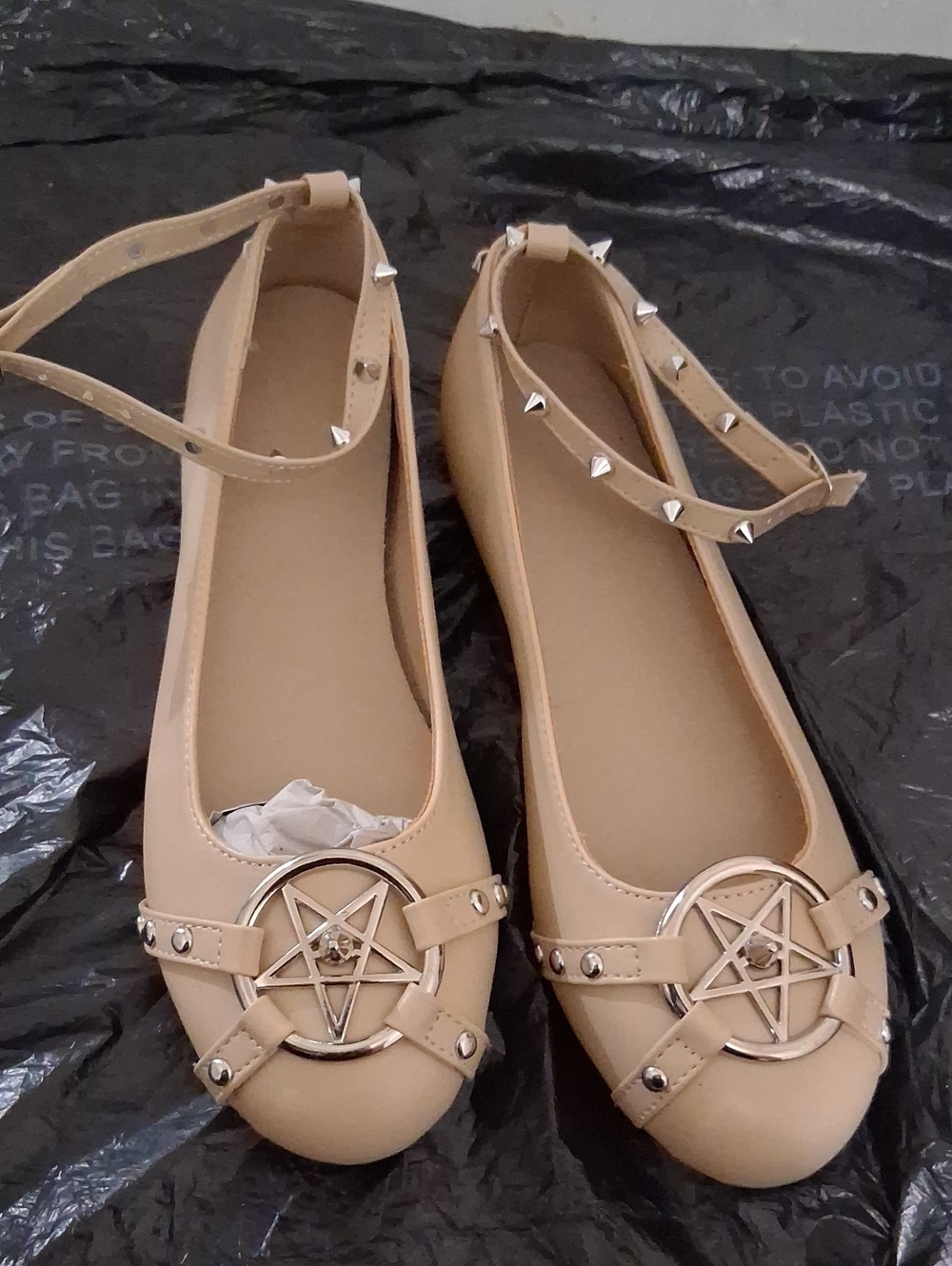 Studded Beige Ankle-Strap Flats with Pentagram Accent